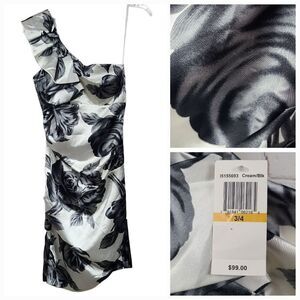 NWT B.Darlin Black Rose Formal One-Shoulder Pleated Sheath Satin Party Dress